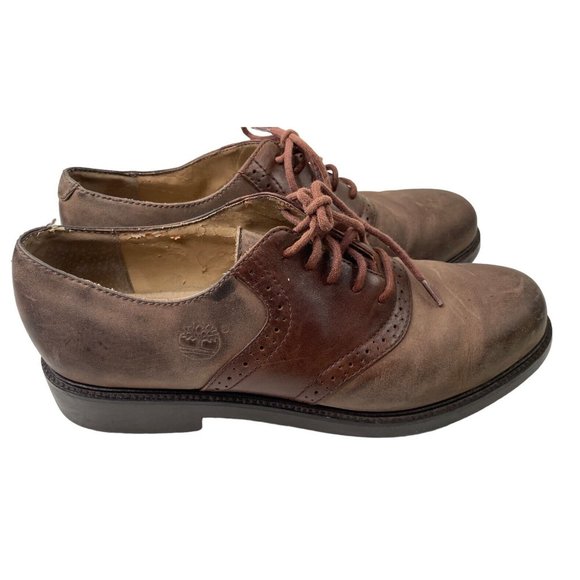 Vintage Timberland Men's Twin Texture Brown Leather Oxfords Size 9.5 - Picture 1 of 6